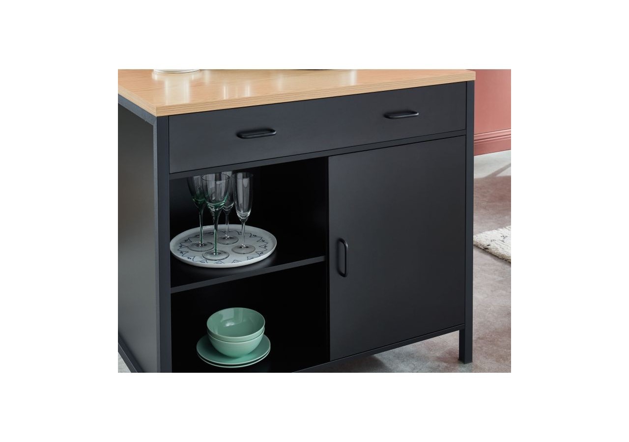Ilot central GINGER noir et effet chêne 1 porte et 1 tiroir
