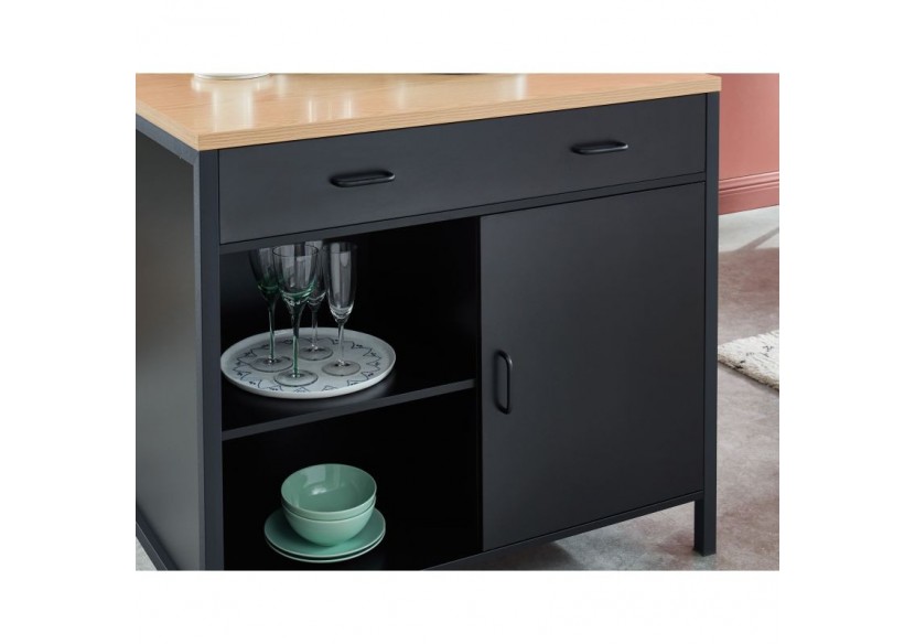 Ilot central GINGER noir et effet chêne 1 porte et 1 tiroir