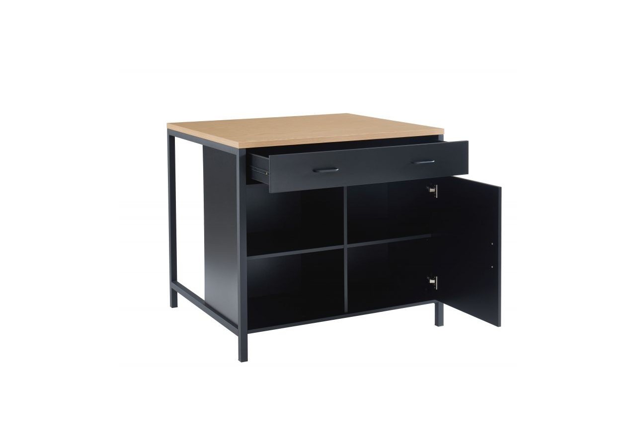 Ilot central GINGER noir et effet chêne 1 porte et 1 tiroir