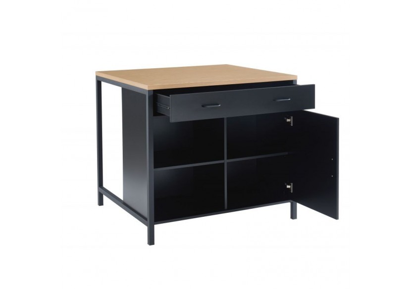 Ilot central GINGER noir et effet chêne 1 porte et 1 tiroir