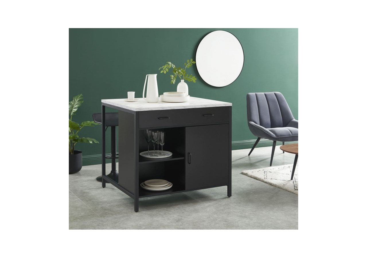 Ilot central GINGER noir et effet marbre blanc l100cm