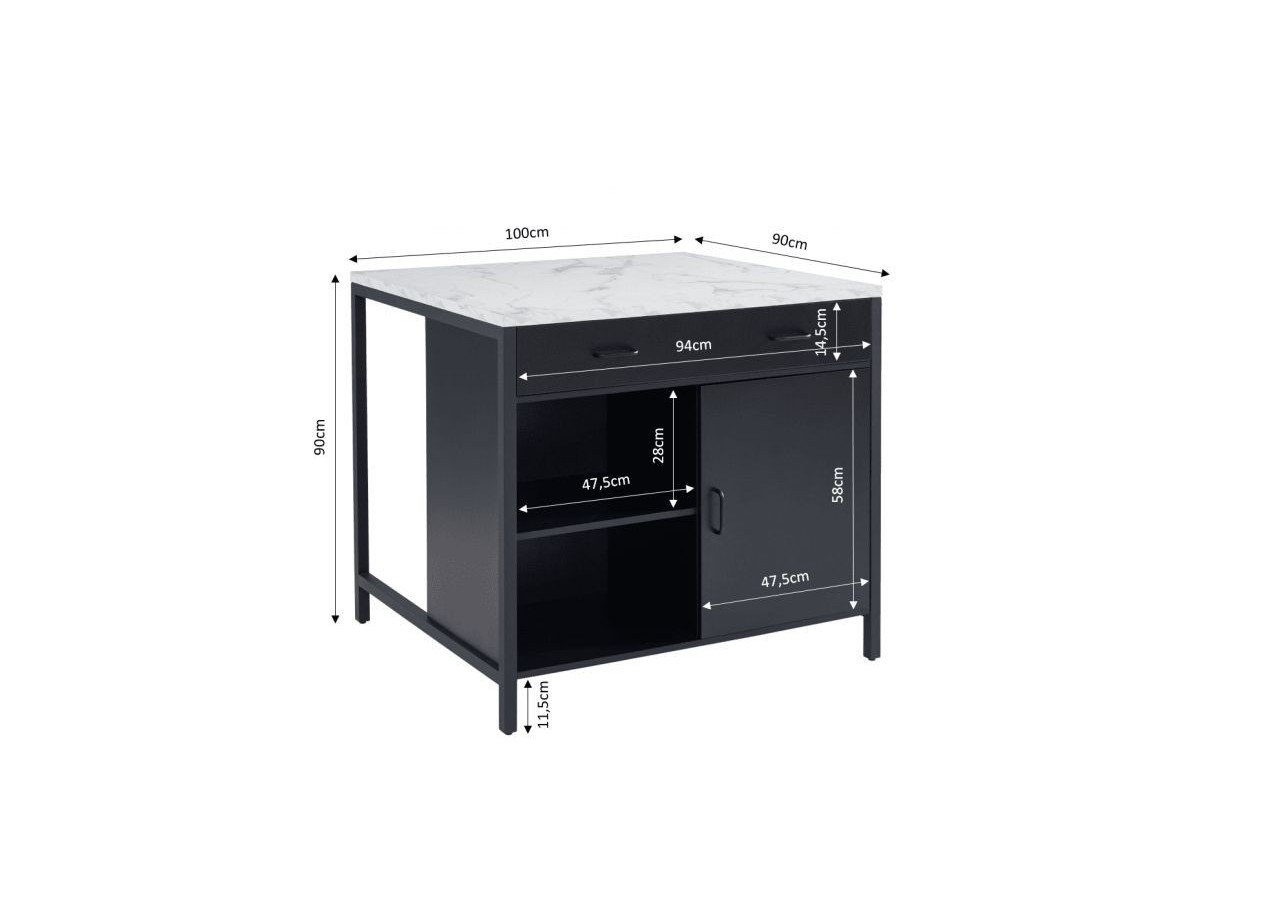 Ilot central GINGER noir et effet marbre blanc l100cm