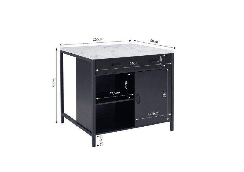 Ilot central GINGER noir et effet marbre blanc l100cm