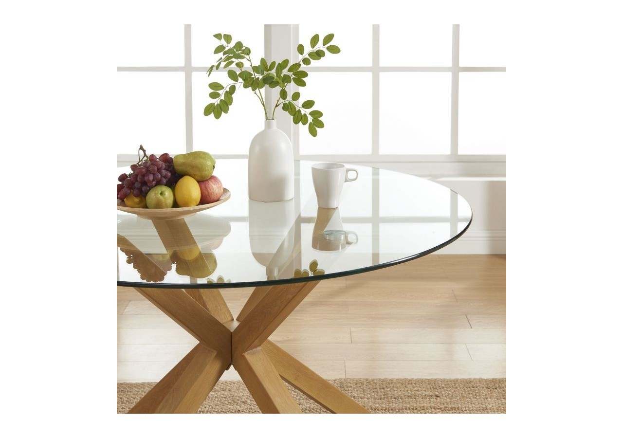 Table à manger ronde HARRY verre et effet chêne 120cm