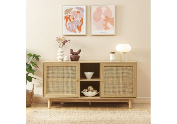 Buffet HELENA effet chêne et cannage rotin 150 cm 2