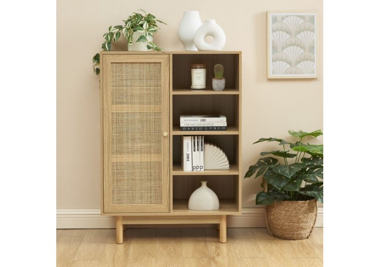 Buffet HELENA effet chêne et cannage rotin 1 porte 80 cm 2