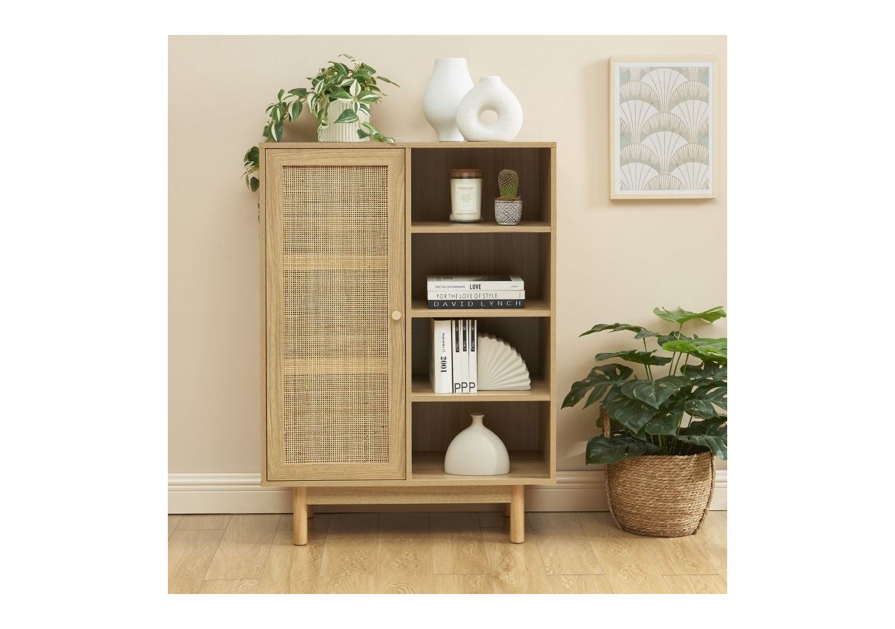 Buffet HELENA effet chêne et cannage rotin 1 porte 80 cm