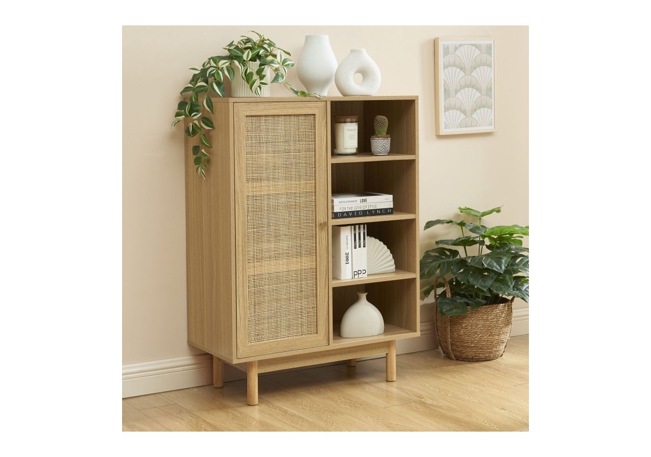 Buffet HELENA effet chêne et cannage rotin 1 porte 80 cm
