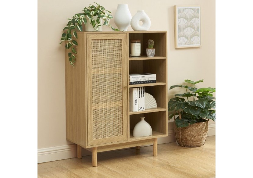 Buffet HELENA effet chêne et cannage rotin 1 porte 80 cm