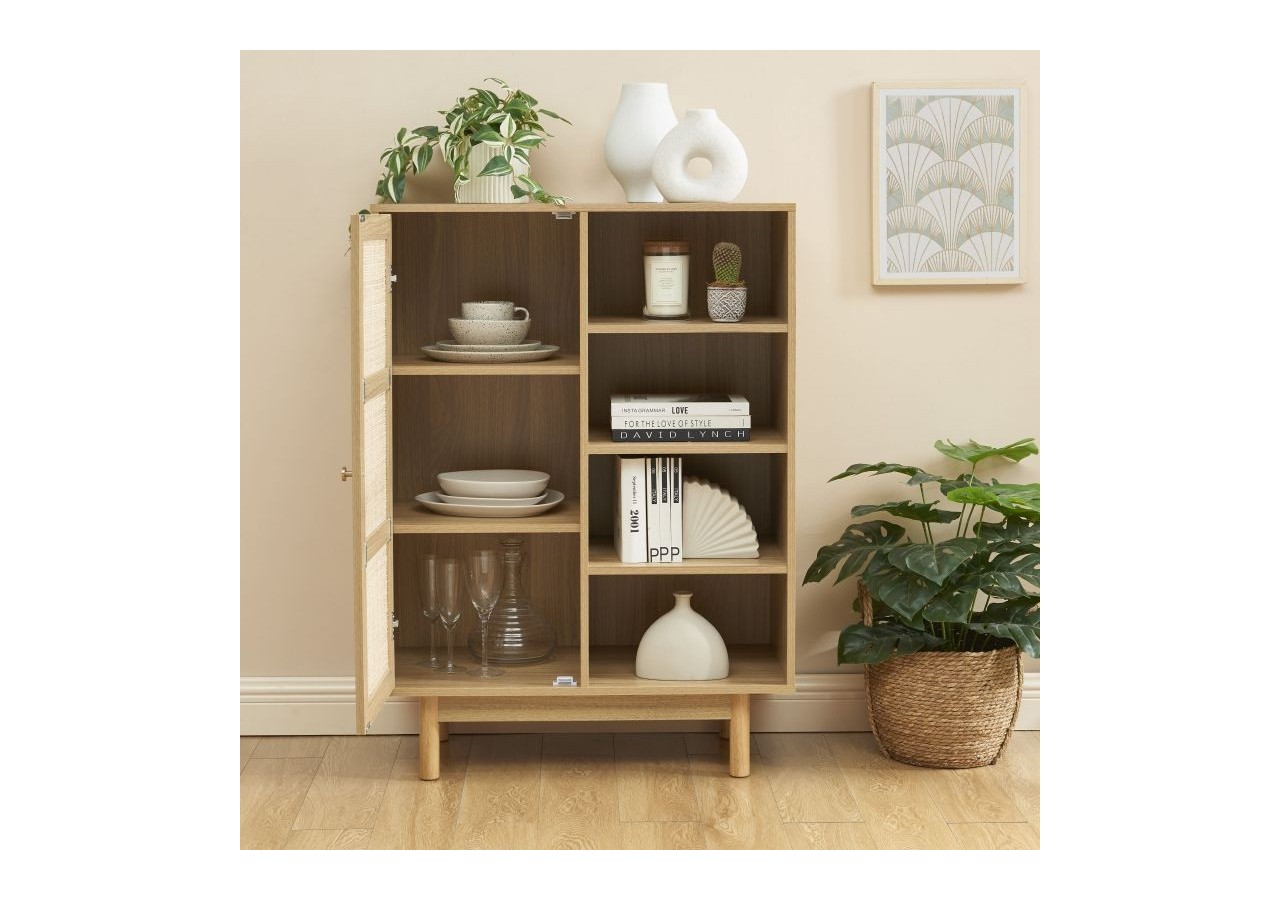 Buffet HELENA effet chêne et cannage rotin 1 porte 80 cm