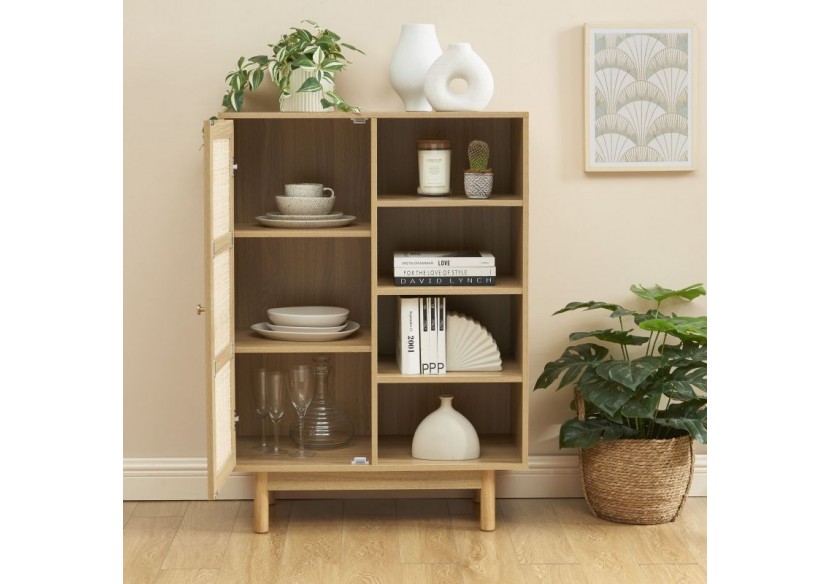 Buffet HELENA effet chêne et cannage rotin 1 porte 80 cm