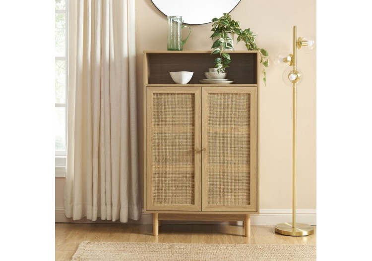 Buffet HELENA effet chêne et cannage rotin 2 portes 80 cm 2