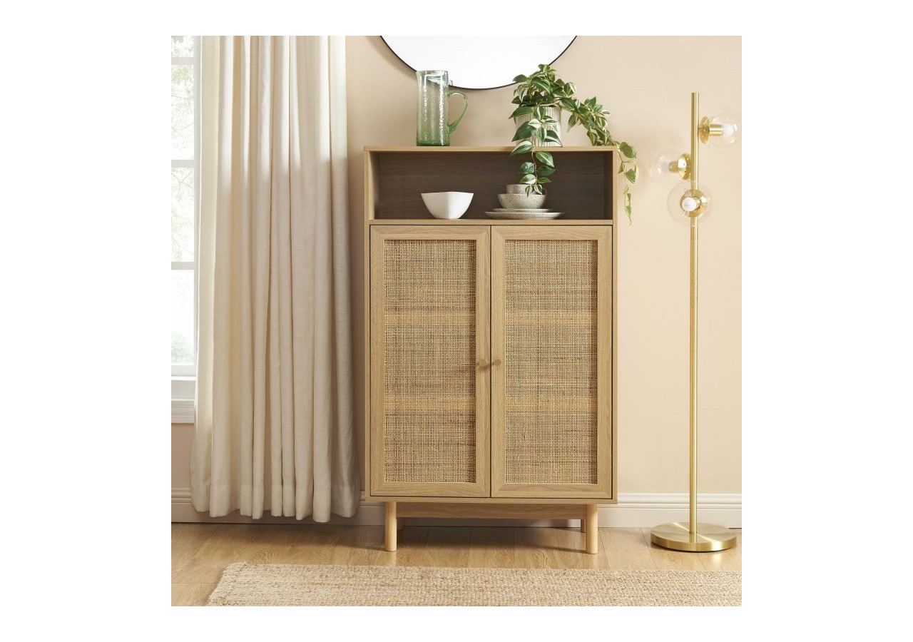 Buffet HELENA effet chêne et cannage rotin 2 portes 80 cm