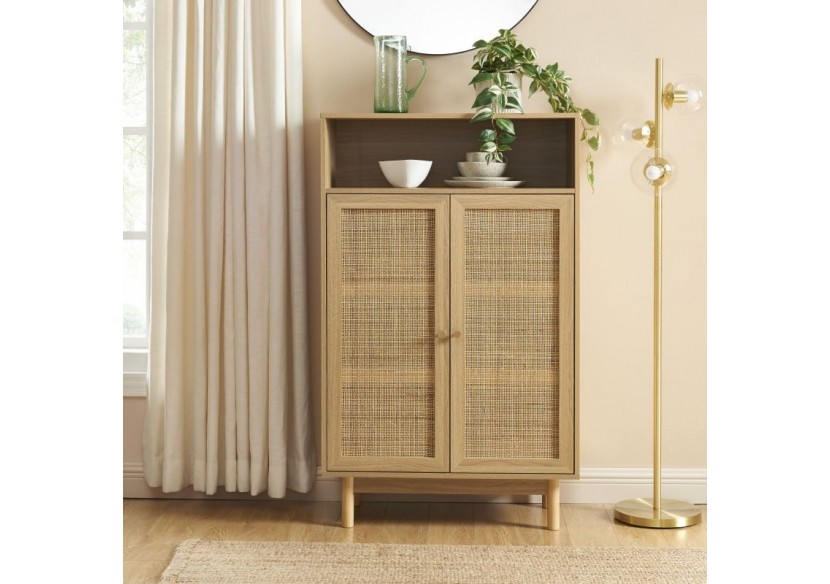 Buffet HELENA effet chêne et cannage rotin 2 portes 80 cm