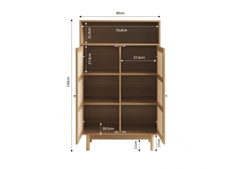 Buffet HELENA effet chêne et cannage rotin 2 portes 80 cm