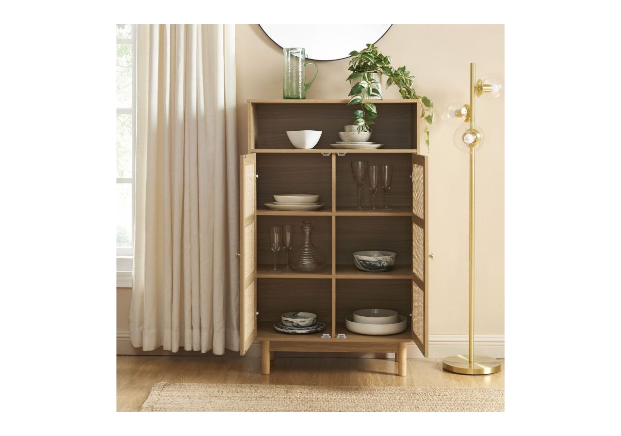Buffet HELENA effet chêne et cannage rotin 2 portes 80 cm