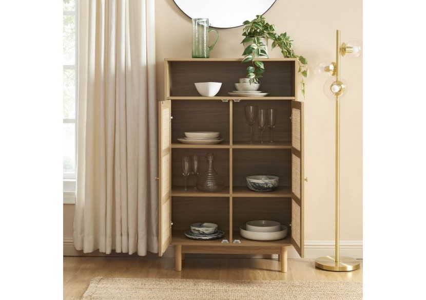 Buffet HELENA effet chêne et cannage rotin 2 portes 80 cm