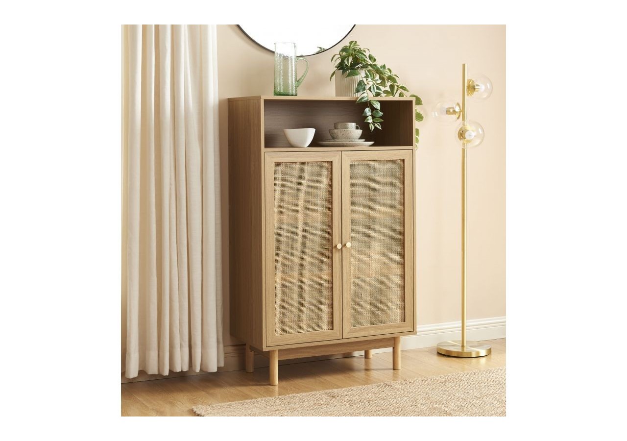 Buffet HELENA effet chêne et cannage rotin 2 portes 80 cm
