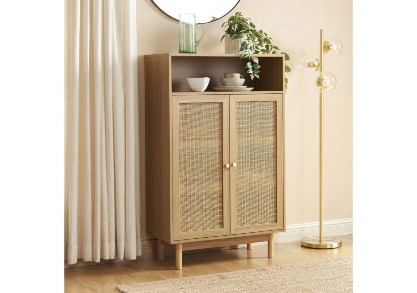 Buffet HELENA effet chêne et cannage rotin 2 portes 80 cm