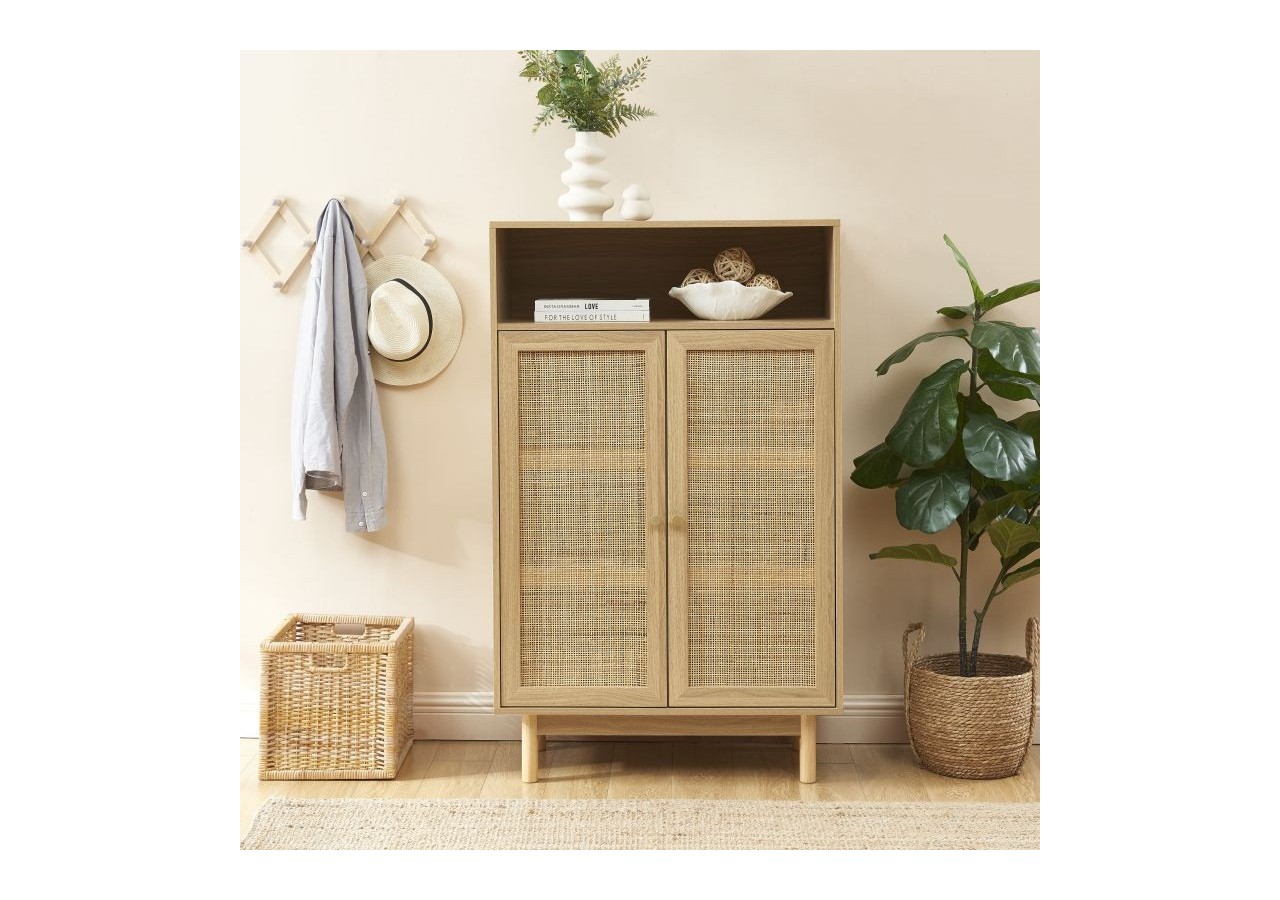 Buffet HELENA effet chêne et cannage rotin 2 portes 80 cm