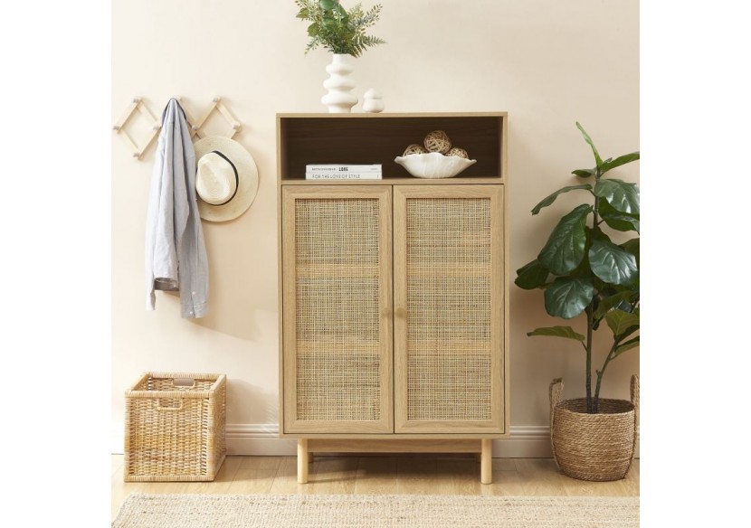 Buffet HELENA effet chêne et cannage rotin 2 portes 80 cm