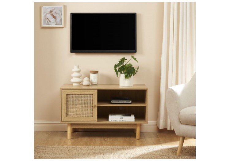 Meuble tv HELENA effet chêne et cannage rotin 90cm 2