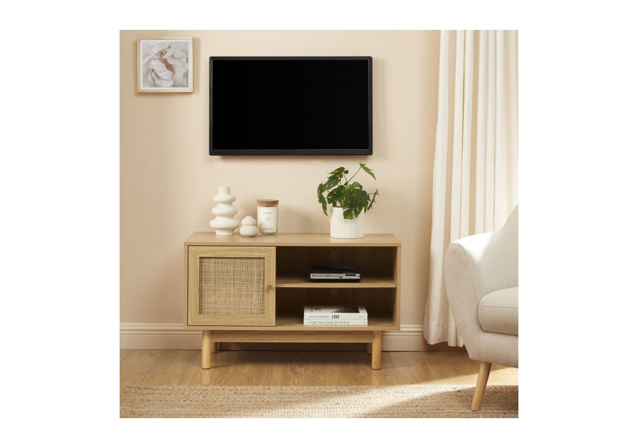 Meuble tv HELENA effet chêne et cannage rotin 90cm