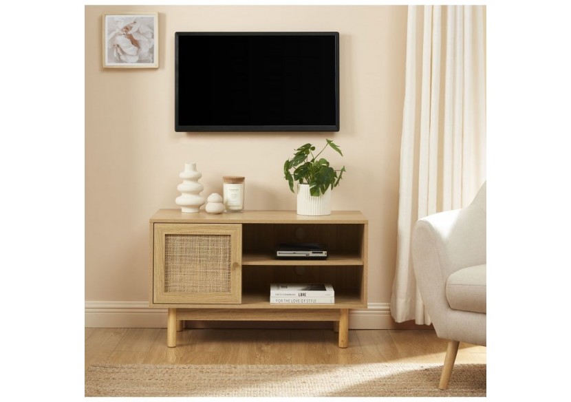 Meuble tv HELENA effet chêne et cannage rotin 90cm