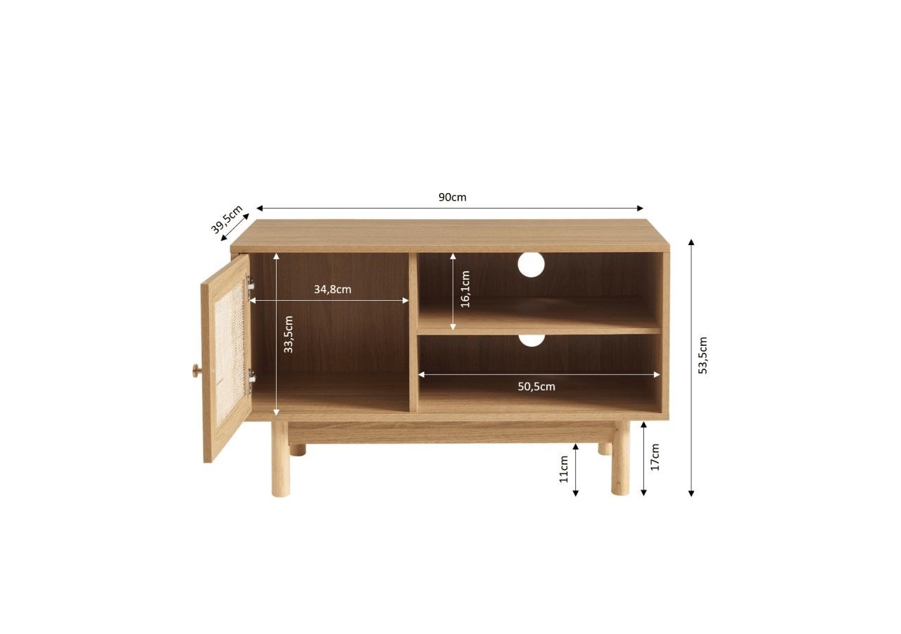 Meuble tv HELENA effet chêne et cannage rotin 90cm