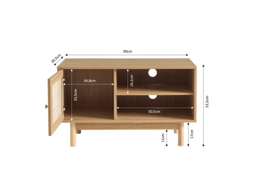 Meuble tv HELENA effet chêne et cannage rotin 90cm