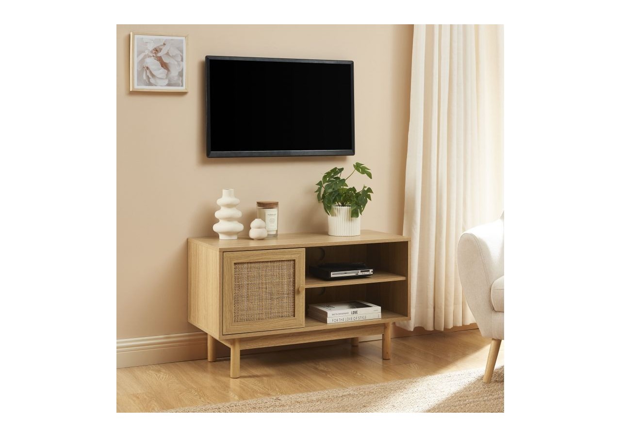 Meuble tv HELENA effet chêne et cannage rotin 90cm