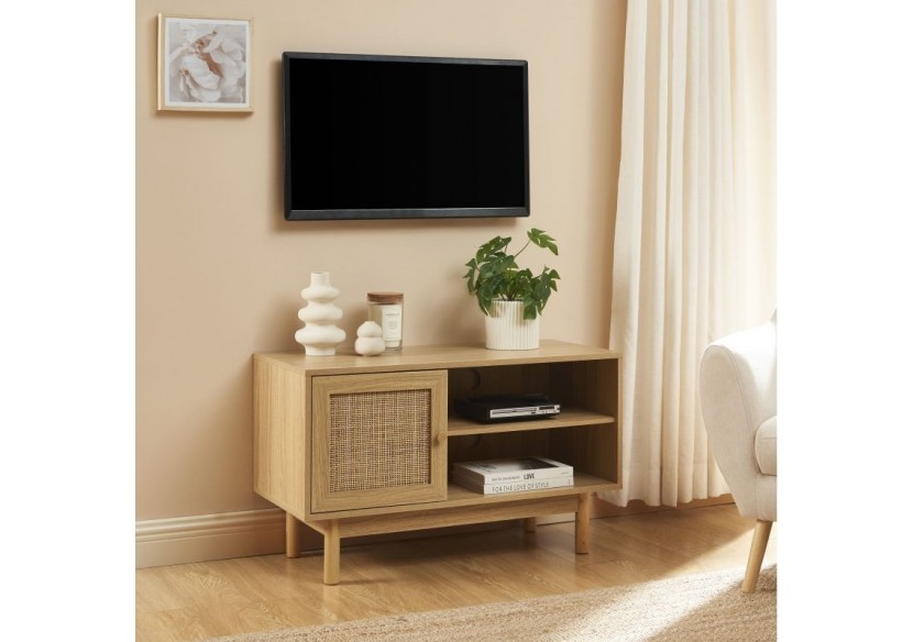 Meuble tv HELENA effet chêne et cannage rotin 90cm