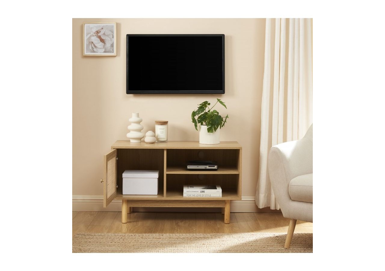 Meuble tv HELENA effet chêne et cannage rotin 90cm