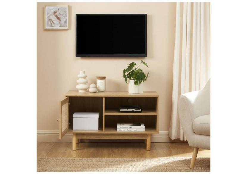 Meuble tv HELENA effet chêne et cannage rotin 90cm