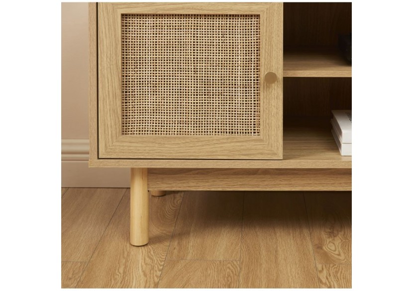 Meuble tv HELENA effet chêne et cannage rotin 90cm