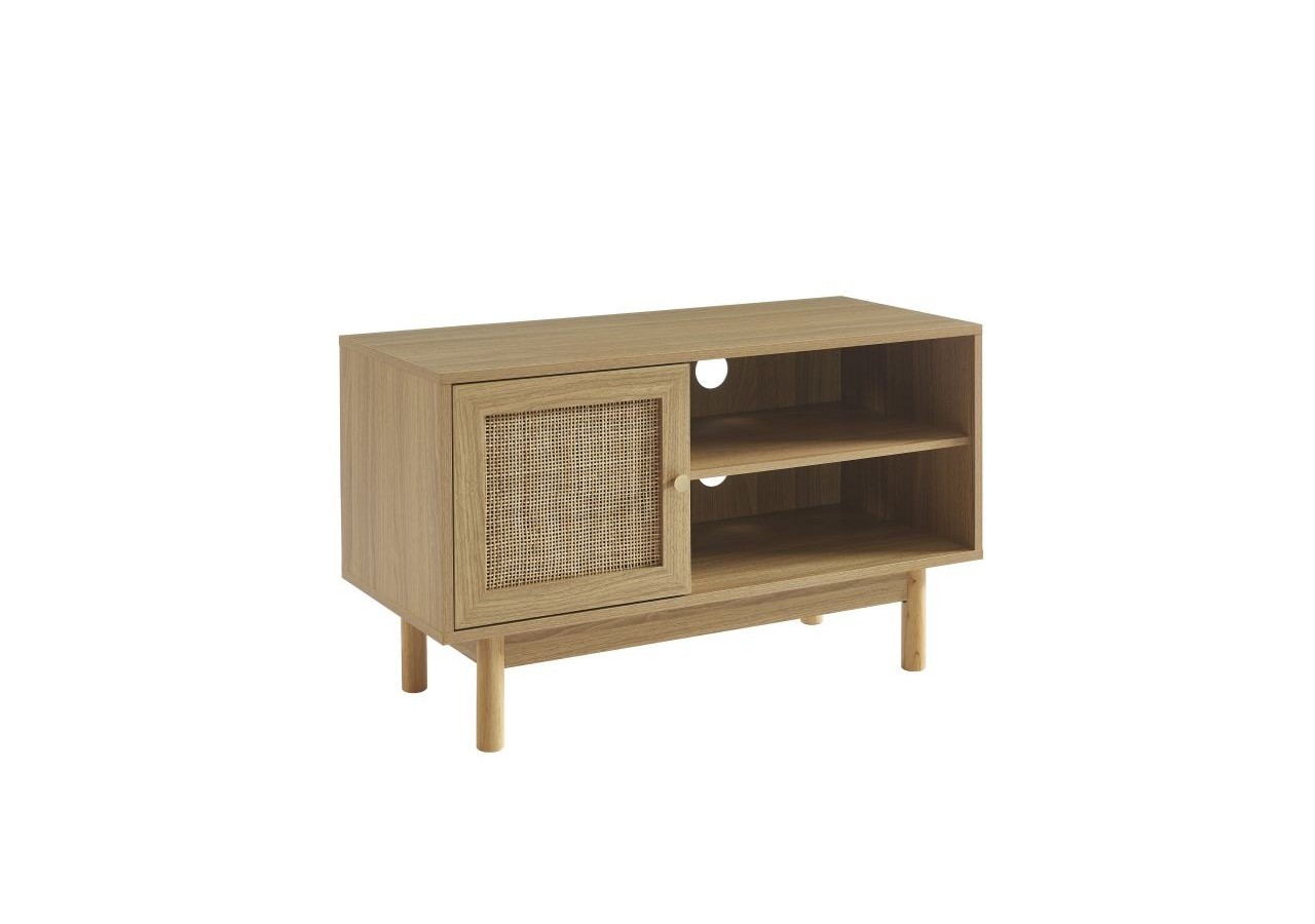 Meuble tv HELENA effet chêne et cannage rotin 90cm
