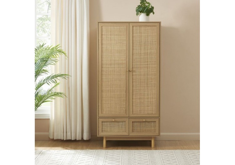 Armoire HELENA effet chêne et cannage rotin 90cm 2