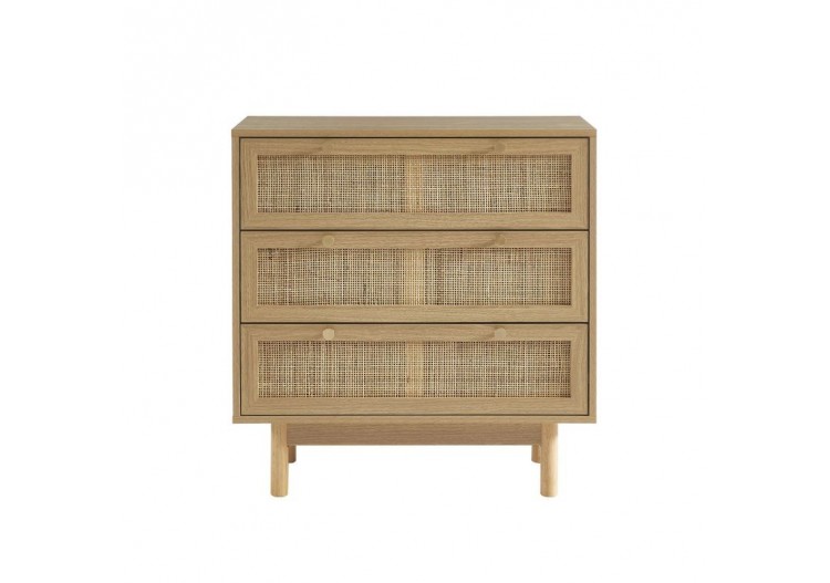 Commode HELENA effet chêne et cannage rotin 3 tiroirs