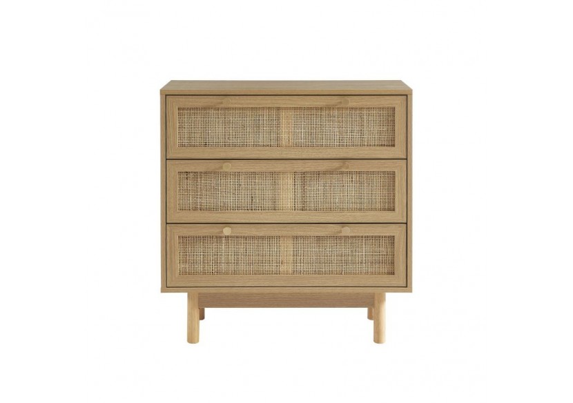 Commode HELENA effet chêne et cannage rotin 3 tiroirs