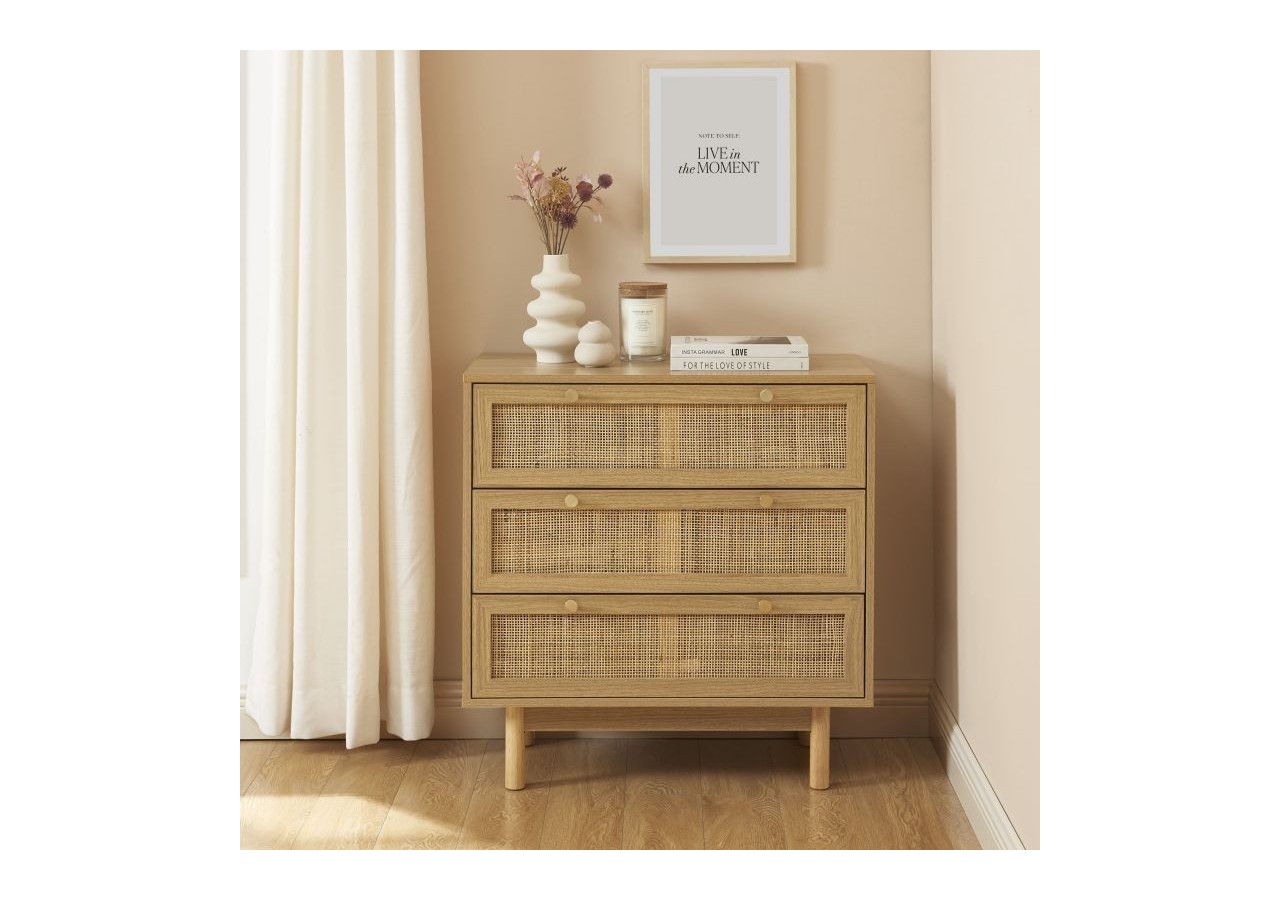 Commode HELENA effet chêne et cannage rotin 3 tiroirs