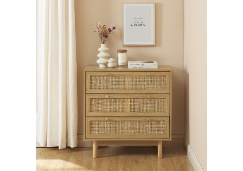 Commode HELENA effet chêne et cannage rotin 3 tiroirs