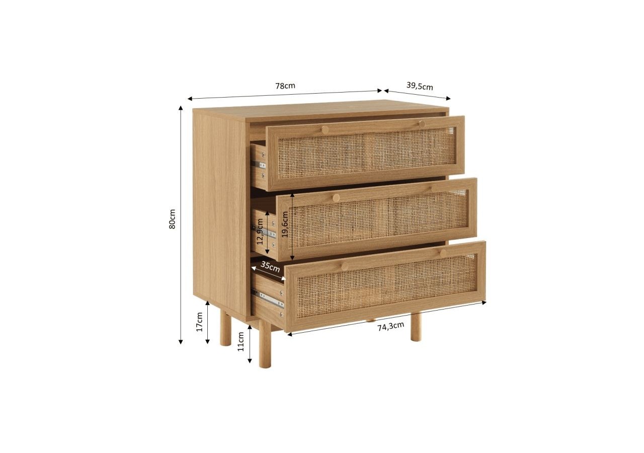 Commode HELENA effet chêne et cannage rotin 3 tiroirs