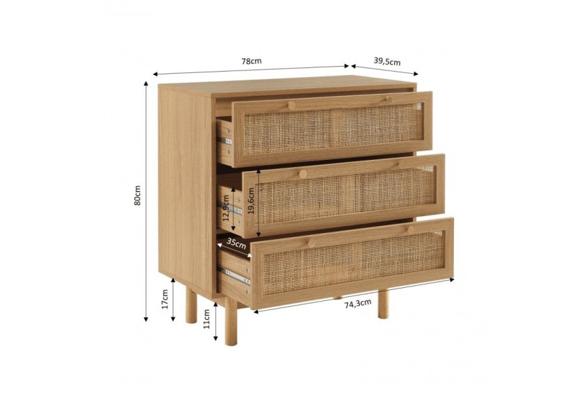 Commode HELENA effet chêne et cannage rotin 3 tiroirs