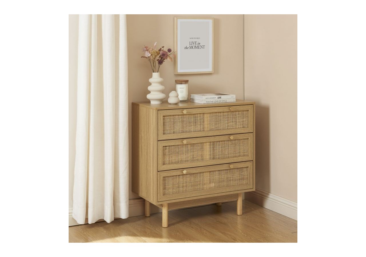 Commode HELENA effet chêne et cannage rotin 3 tiroirs