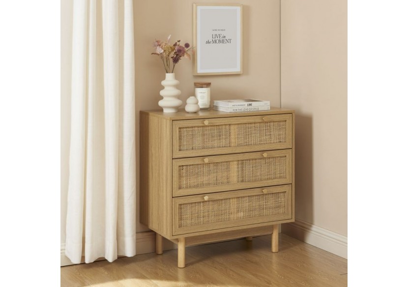 Commode HELENA effet chêne et cannage rotin 3 tiroirs