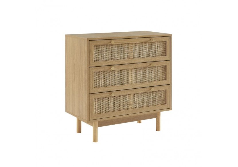 Commode HELENA effet chêne et cannage rotin 3 tiroirs
