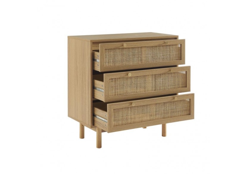 Commode HELENA effet chêne et cannage rotin 3 tiroirs