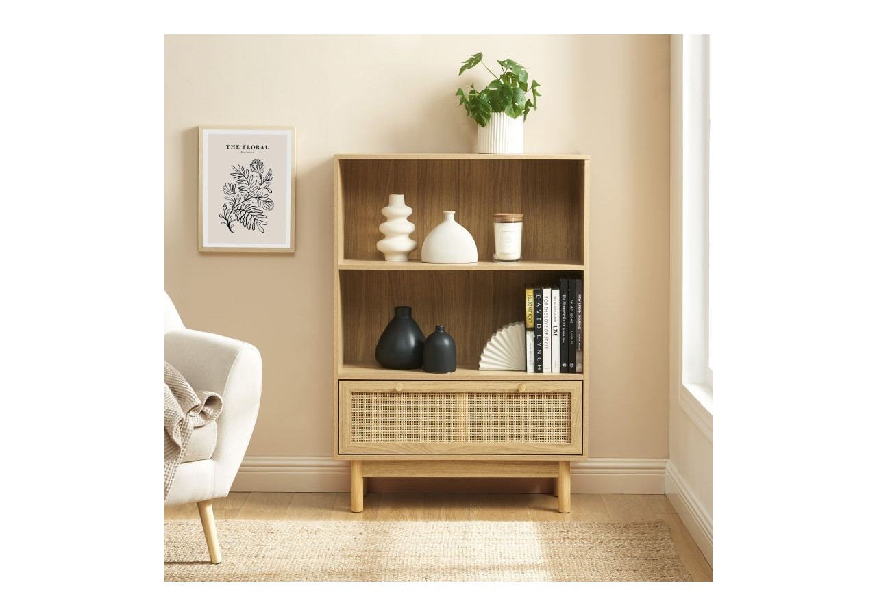 Bibliothèque HELENA effet chêne et cannage rotin 80cm