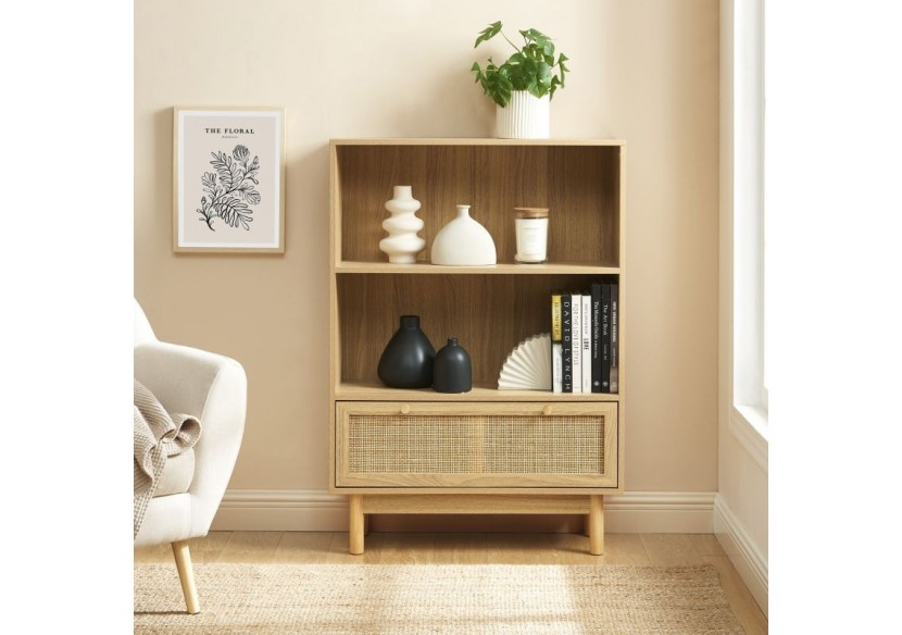 Bibliothèque HELENA effet chêne et cannage rotin 80cm