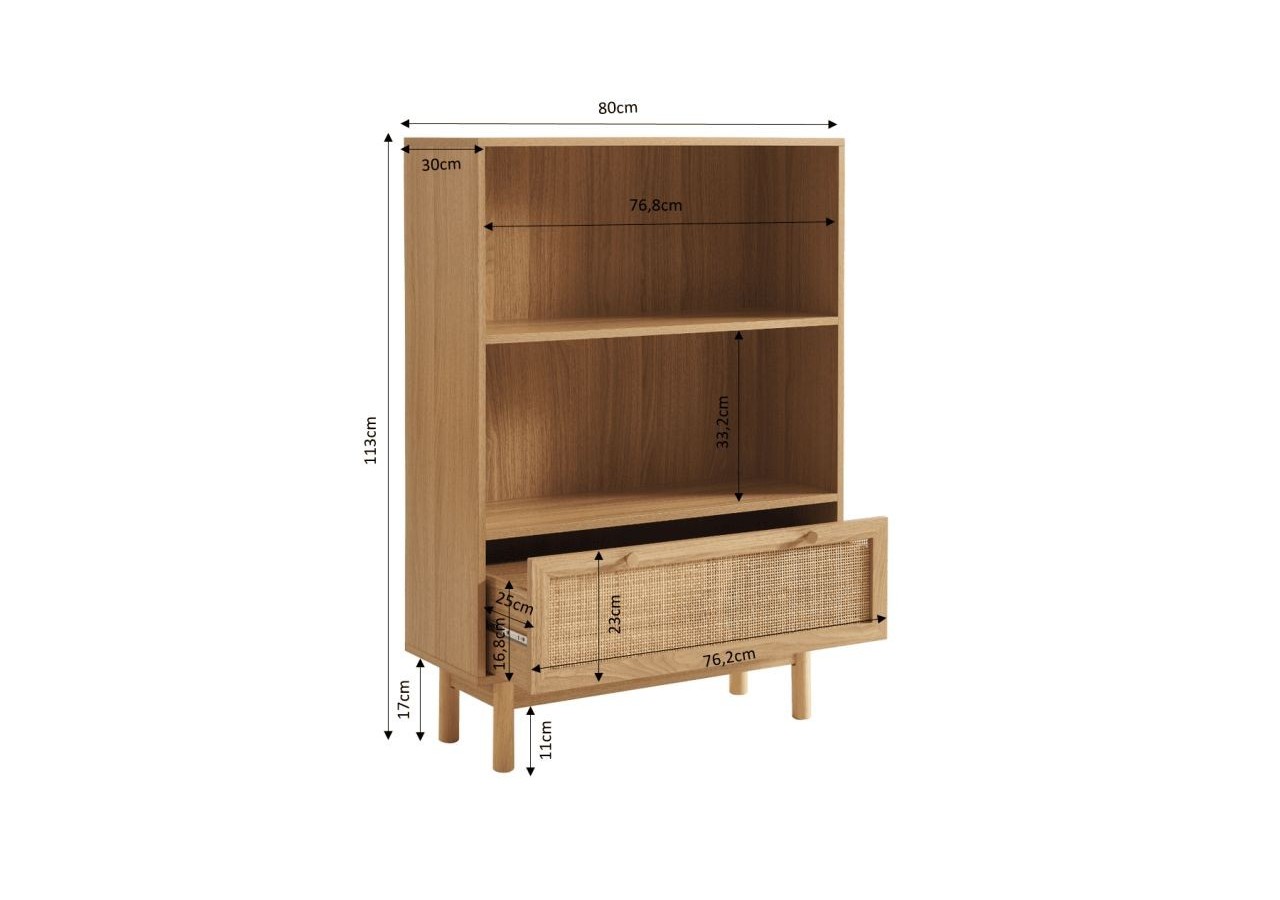 Bibliothèque HELENA effet chêne et cannage rotin 80cm